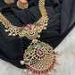 AD Red Green Multi Stone Peacock Pendent Golden Finish Long Necklace