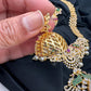 AD Red Green Multi Stone Peacock Pendent Golden Finish Long Necklace
