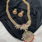 AD Red Green Multi Stone Peacock Pendent Golden Finish Long Necklace