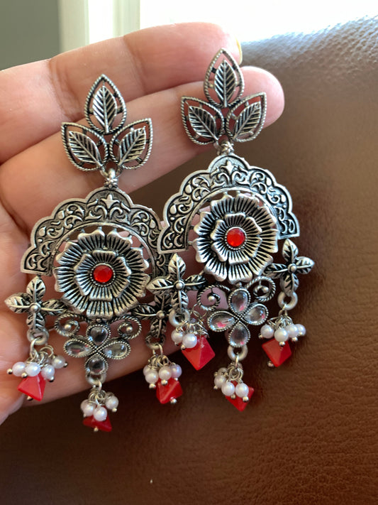 Floral Red Beads and Pearls Earrings