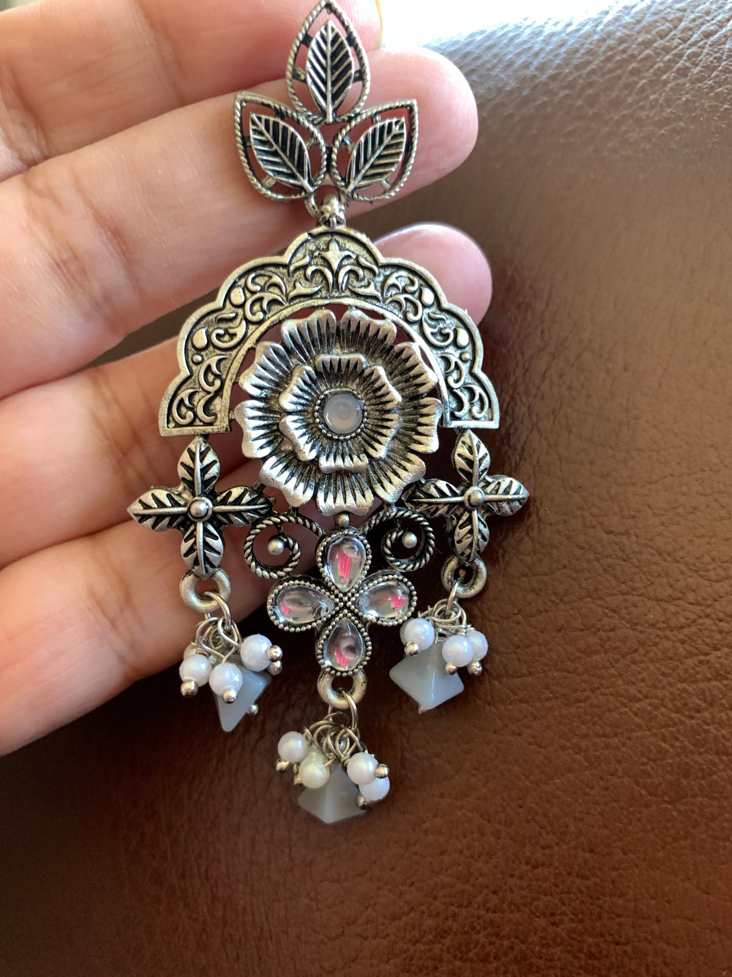Floral Gray Beads and Pearls Earrings