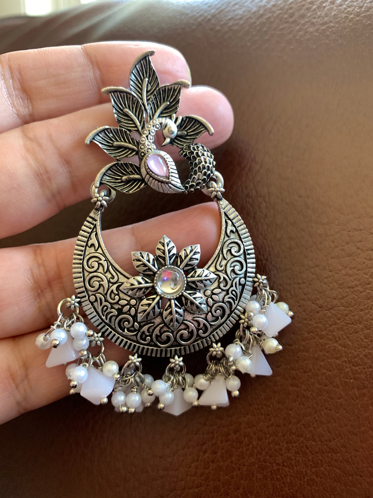 Peacock Chandbali Light Pink Beads and Pearls Earrings