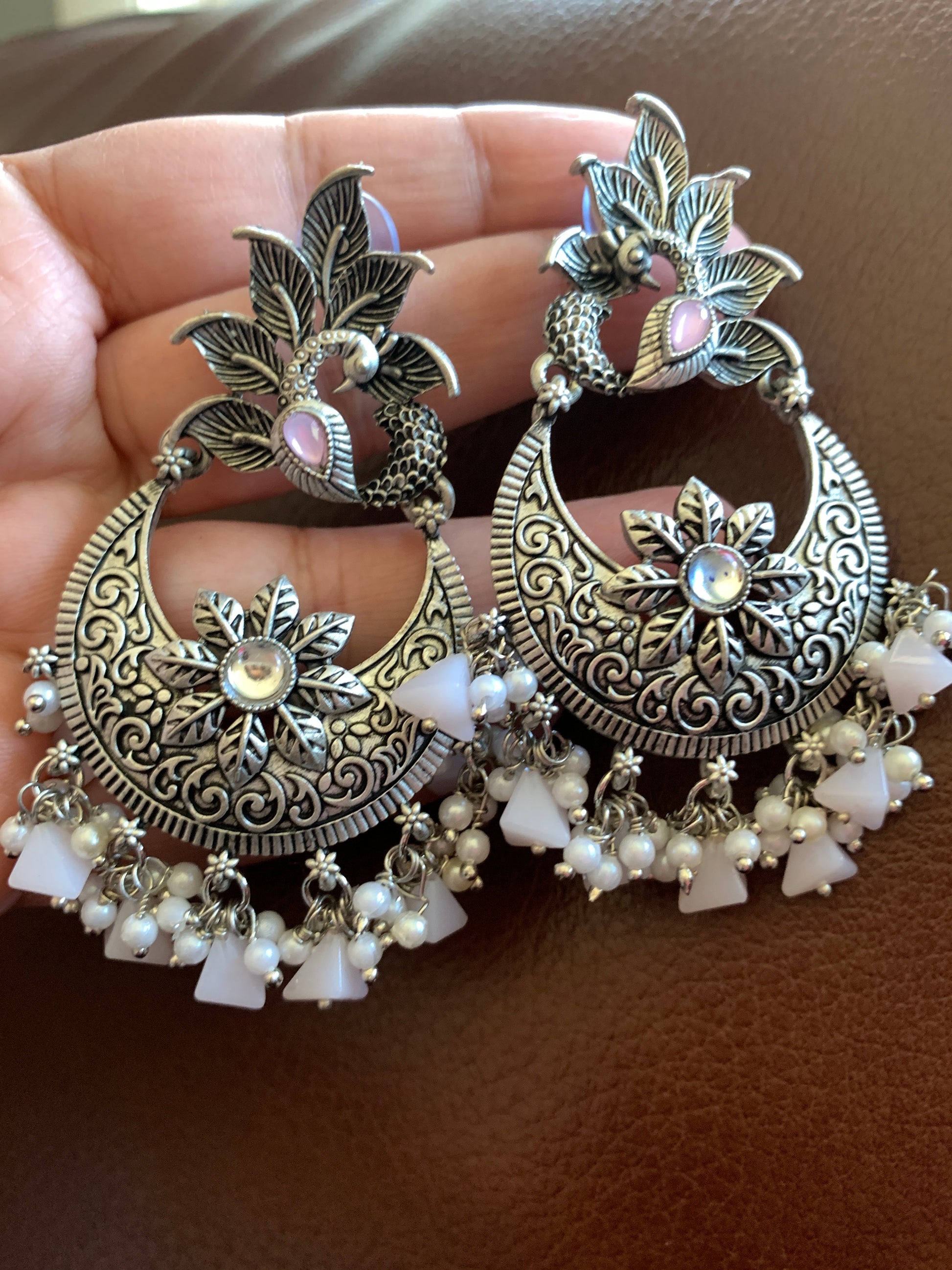 Peacock Chandbali Light Pink Beads and Pearls Earrings