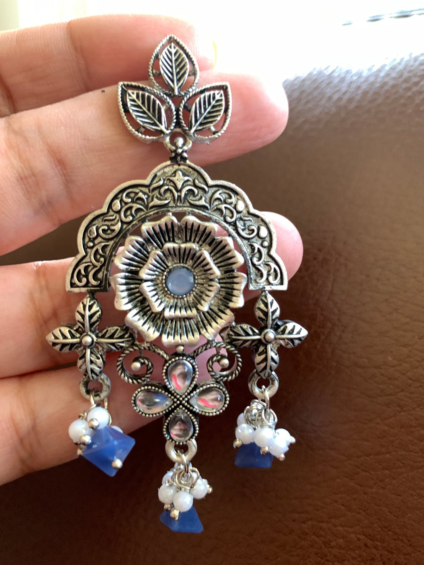 Floral Blue Beads and Pearls Earrings