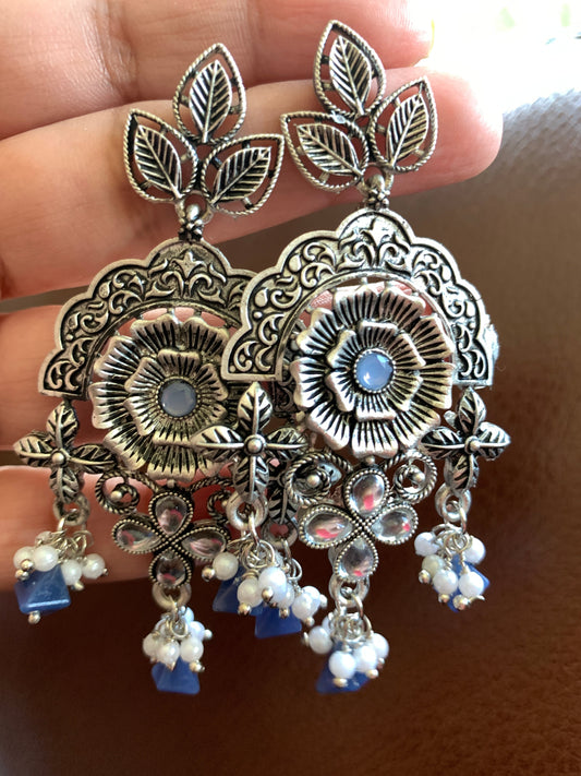 Floral Blue Beads and Pearls Earrings