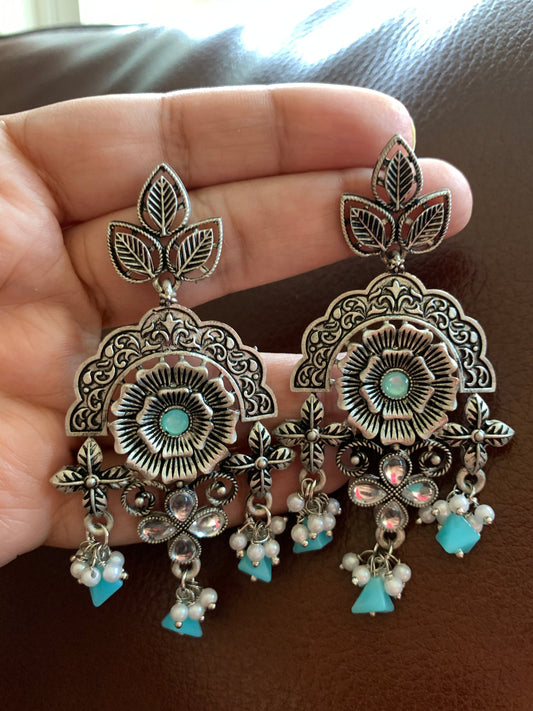 Floral Aqua Blue Beads and Pearls Earrings