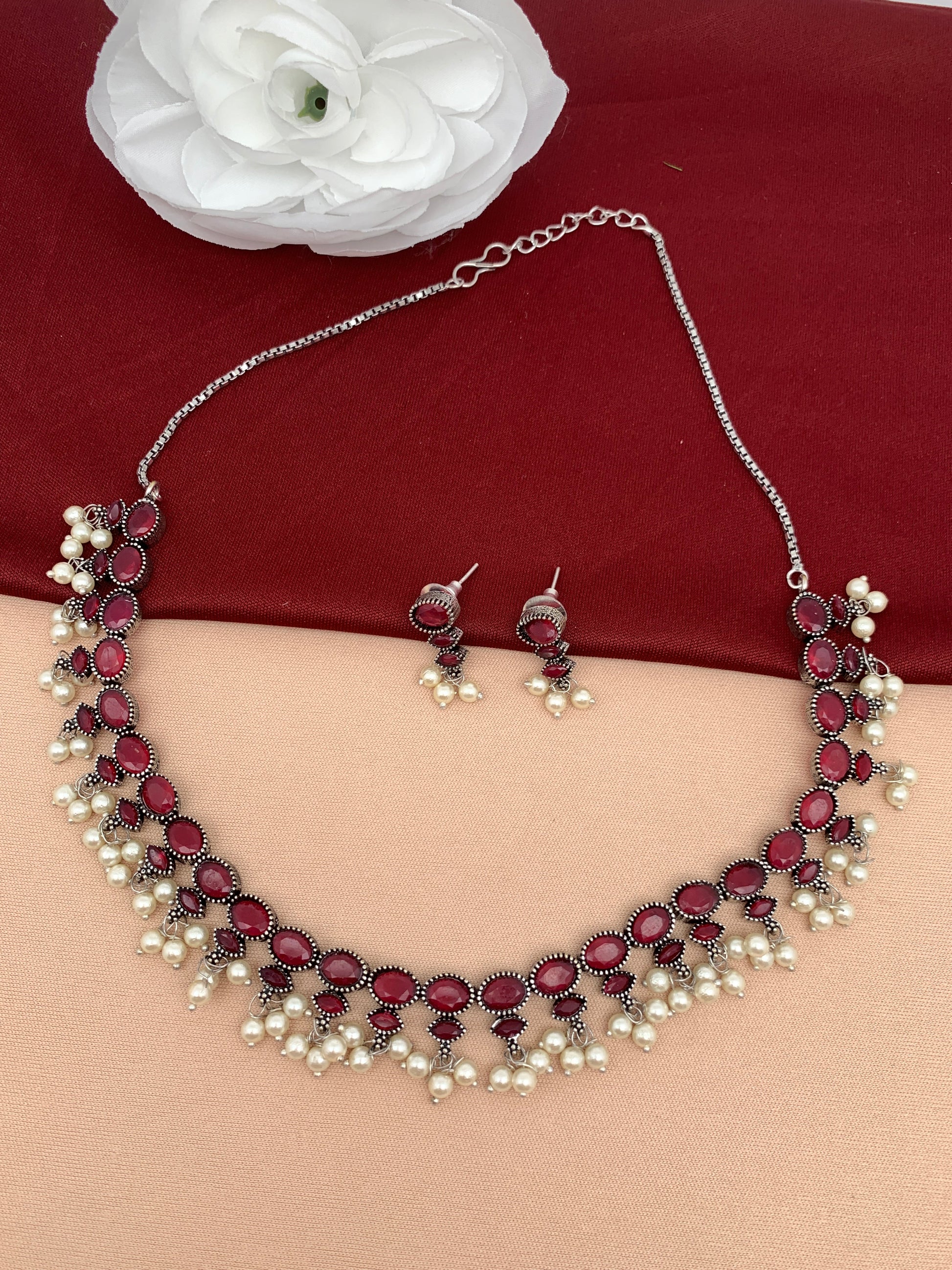 Red Stone Oxidized Short Necklace