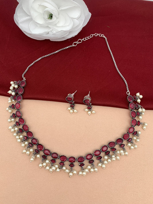 Red Stone Oxidized Short Necklace