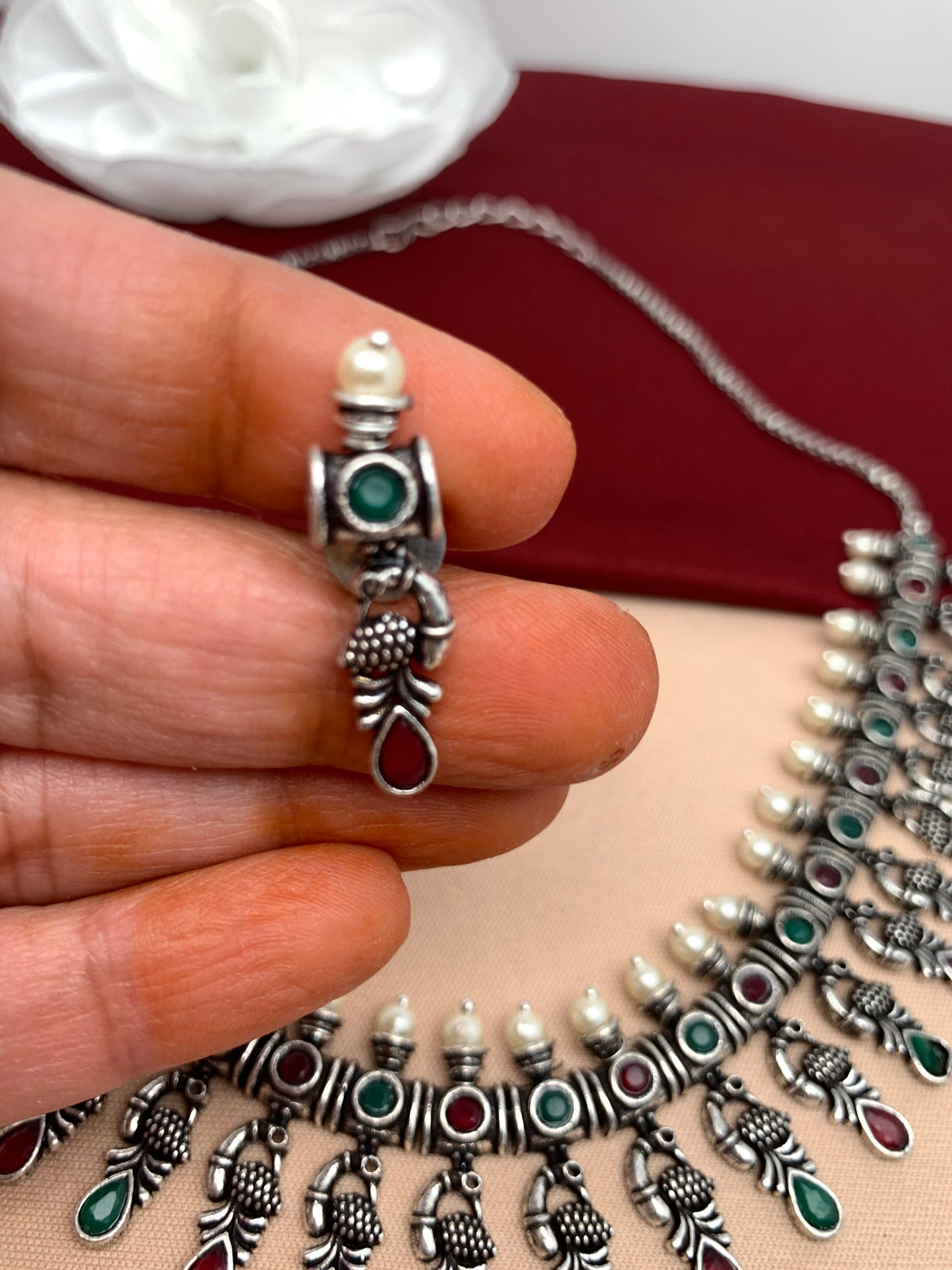 Red Green Stone Peacock Links Oxidized Short Necklace