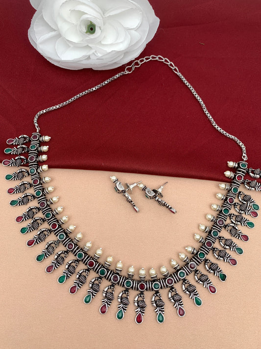 Red Green Stone Peacock Links Oxidized Short Necklace
