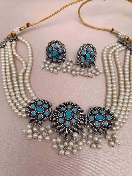 Teal Color Stone German Silver and Pearl Choker Necklace
