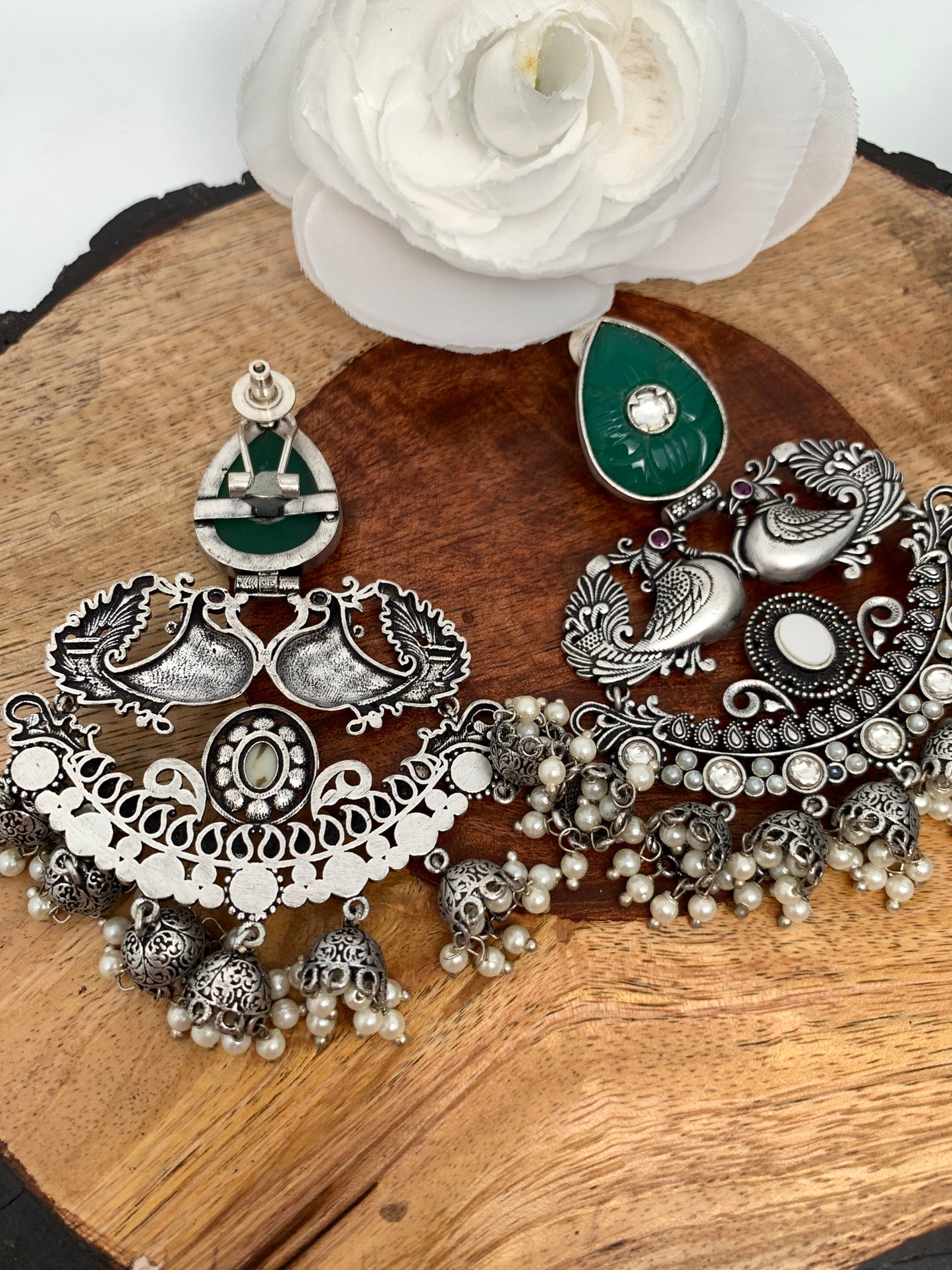 Green Carved Stone Peacock Pattern Silver Replica earrings