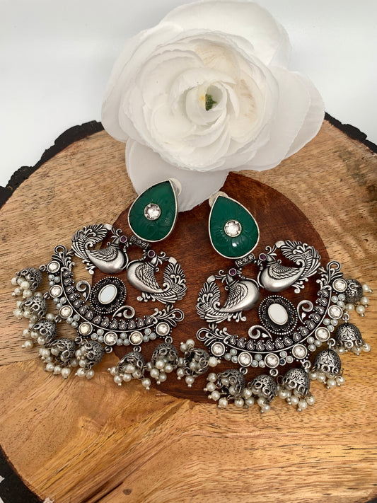 Green Carved Stone Peacock Pattern Silver Replica earrings