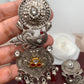German Silver 92.5 Silver Polish Red Stone Peacok Earrings with Ghungru