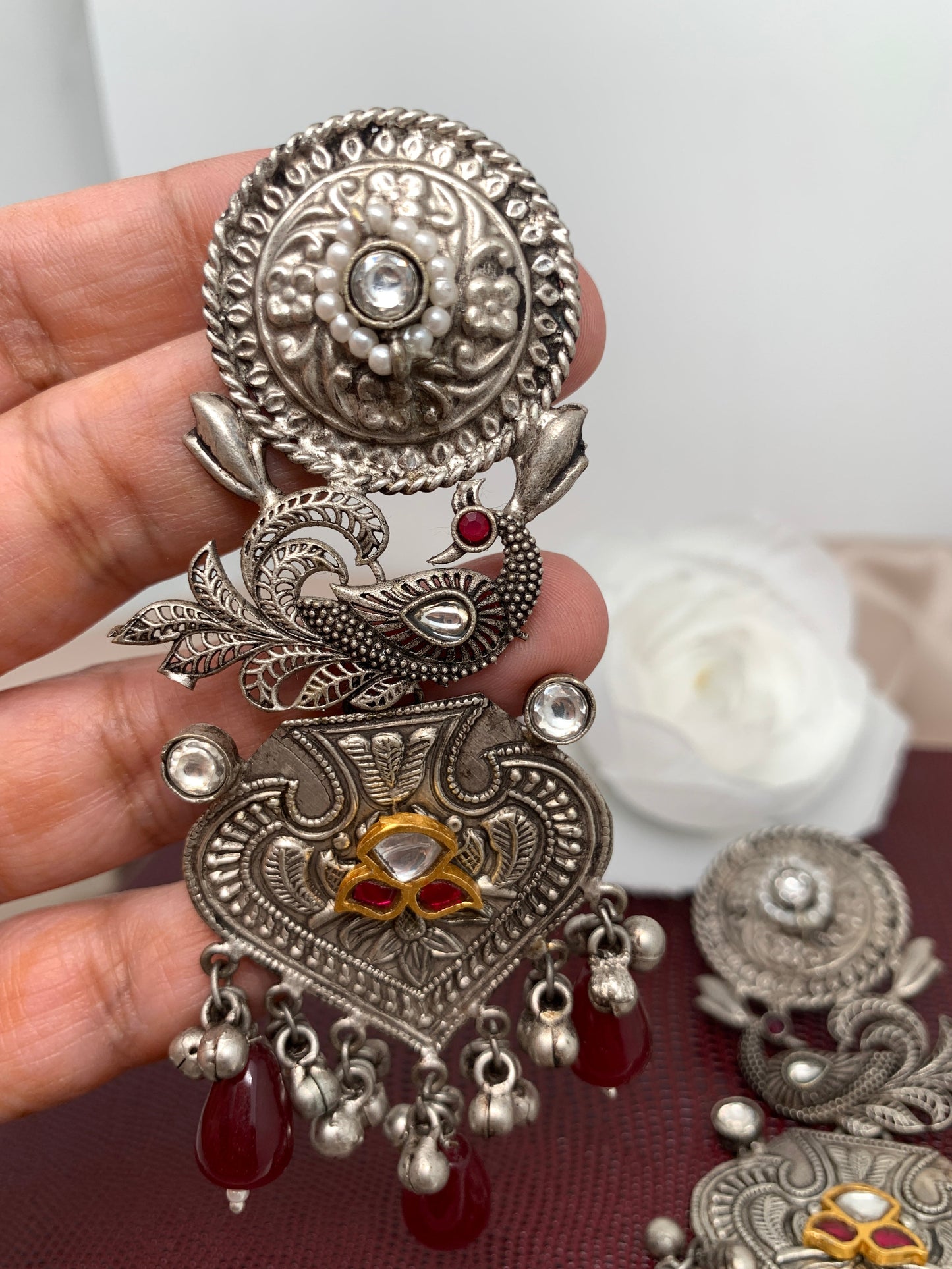 German Silver 92.5 Silver Polish Red Stone Peacok Earrings with Ghungru