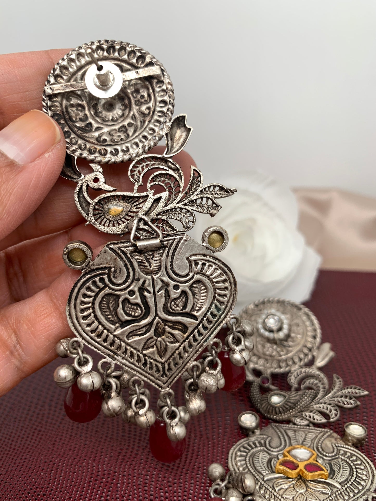 German Silver 92.5 Silver Polish Red Stone Peacok Earrings with Ghungru