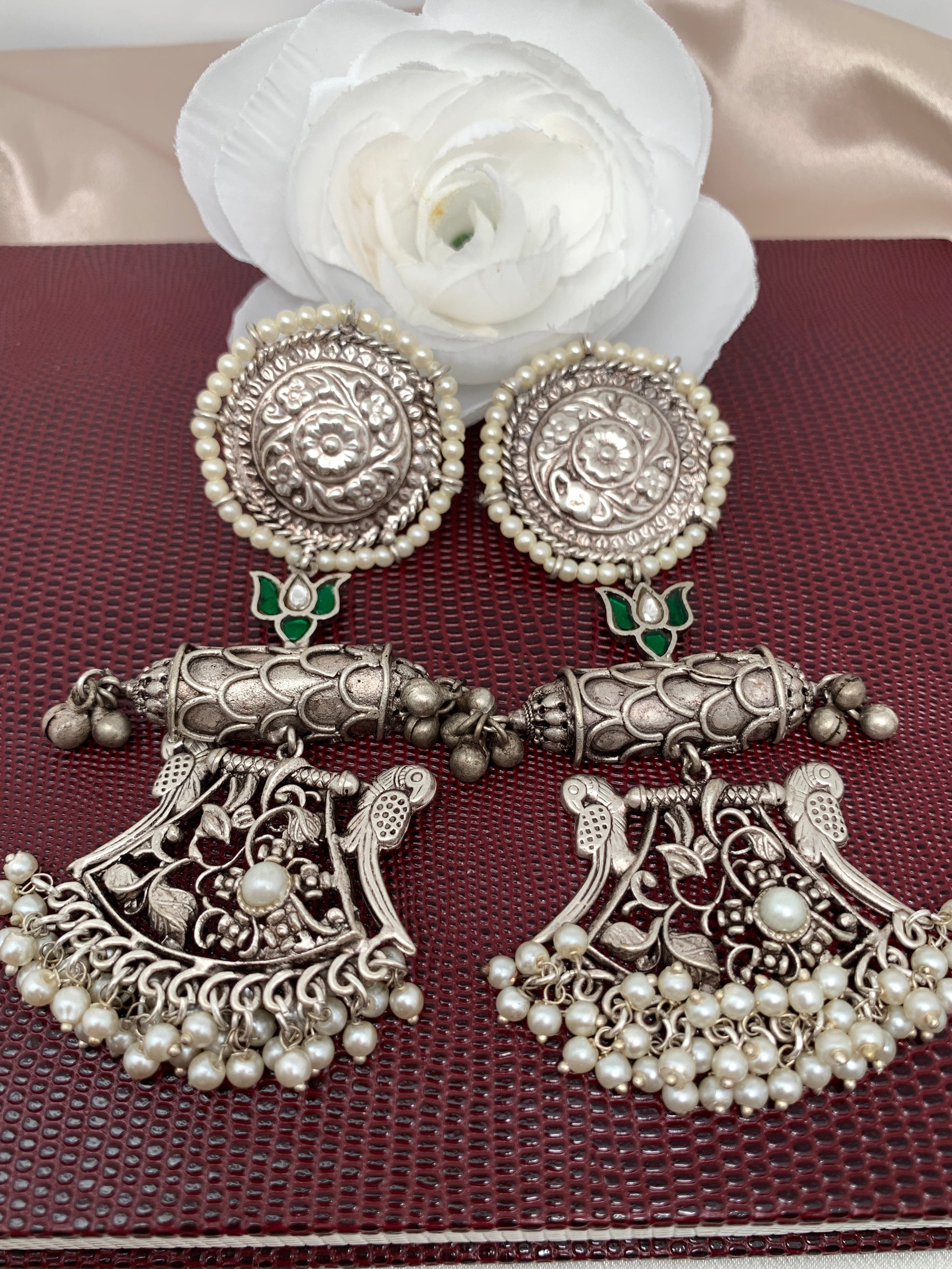 German Silver 92.5 Silver Polish Green Peacock Earrings with Pearls