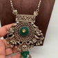 German Silver 92.5 Silver Polish Green Carved Stone Large Pendent with Ghungru and Pearls Long Necklace