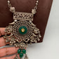 German Silver 92.5 Silver Polish Green Carved Stone Large Pendent with Ghungru and Pearls Long Necklace