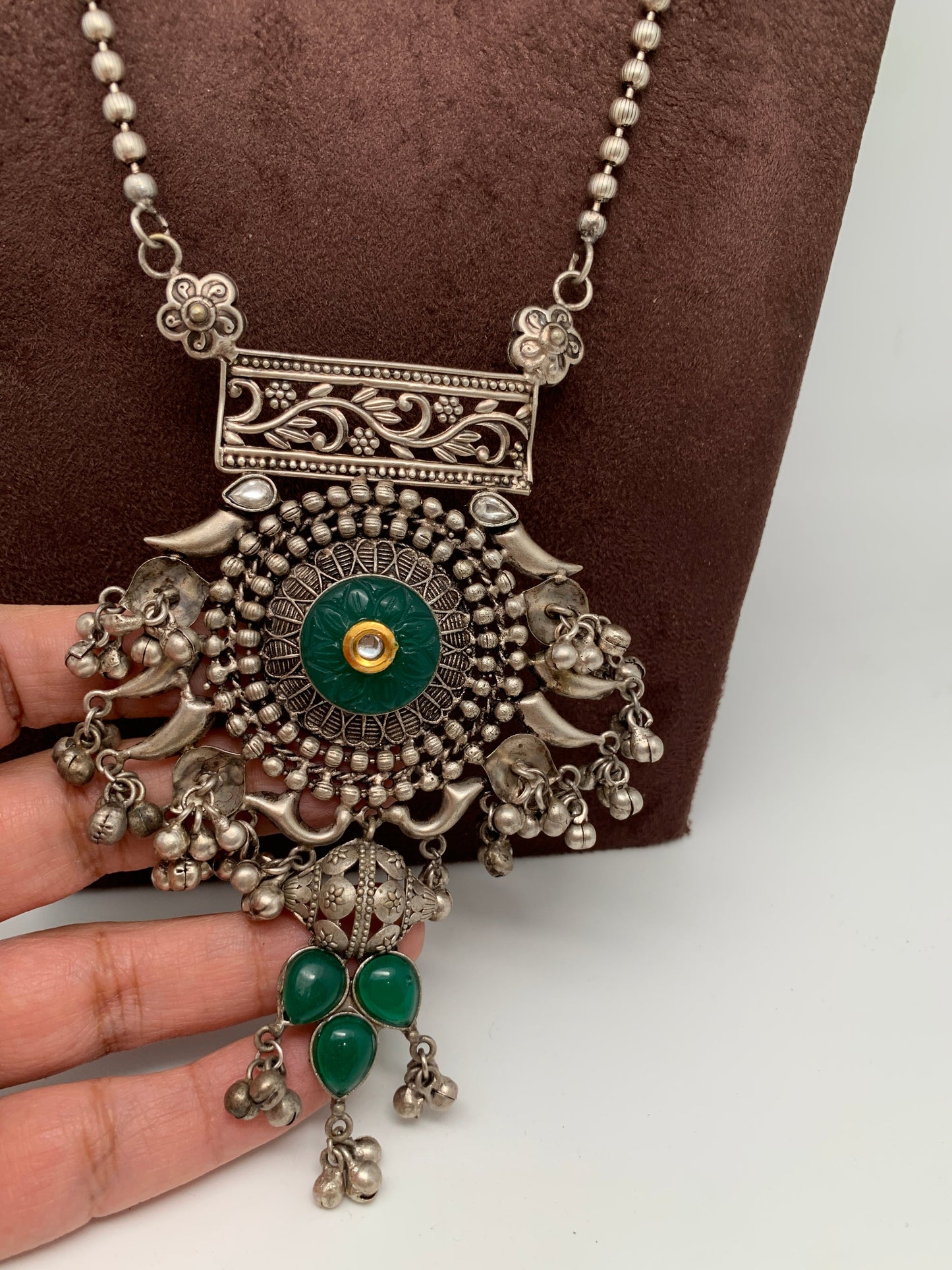 German Silver 92.5 Silver Polish Green Carved Stone Large Pendent with Ghungru and Pearls Long Necklace