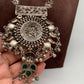 German Silver 92.5 Silver Polish Green Carved Stone Large Pendent with Ghungru and Pearls Long Necklace