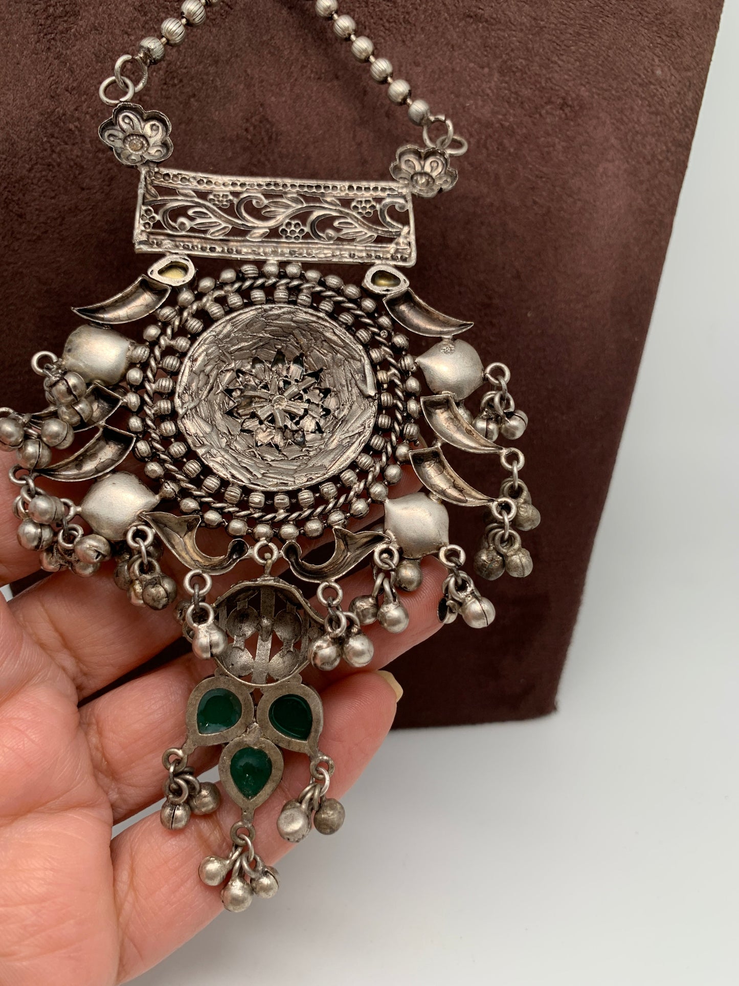 German Silver 92.5 Silver Polish Green Carved Stone Large Pendent with Ghungru and Pearls Long Necklace