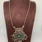 German Silver 92.5 Silver Polish Green Carved Stone Large Pendent with Ghungru and Pearls Long Necklace