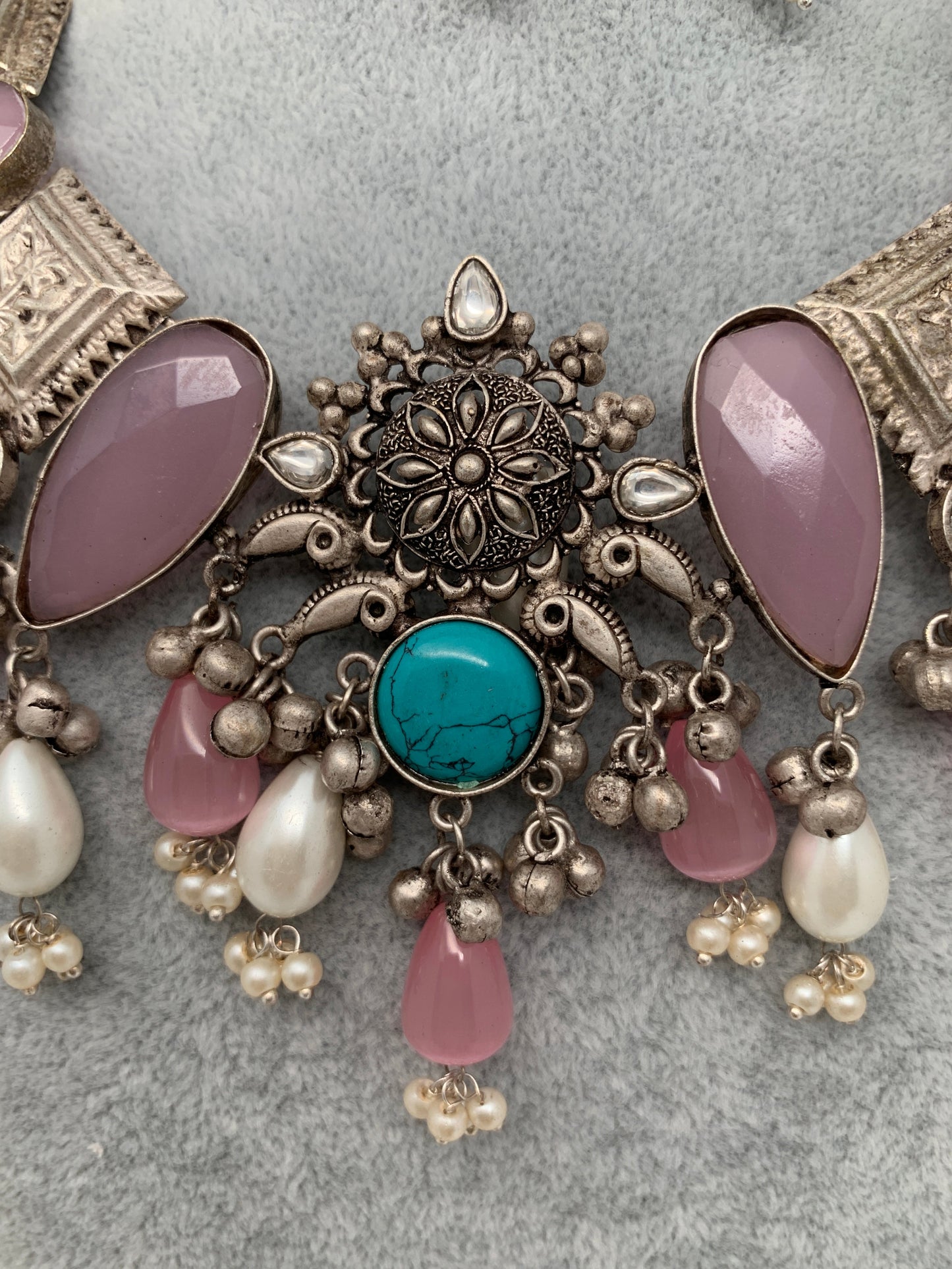 German Silver 92.5 Silver Pink Big Stones Around Neck Necklace with Ghungru and Pearls