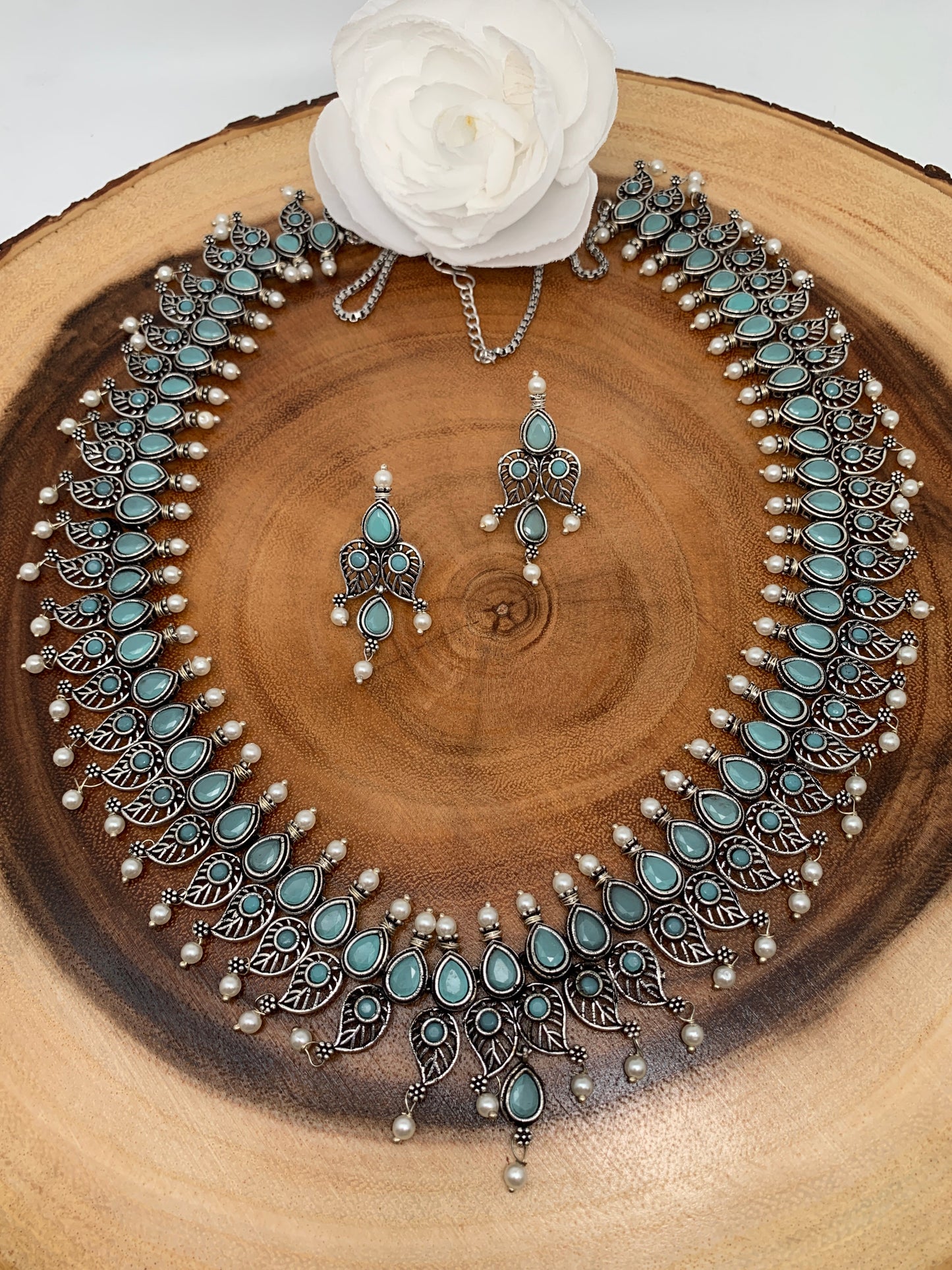 Long Mango Mala With Aqua Stones