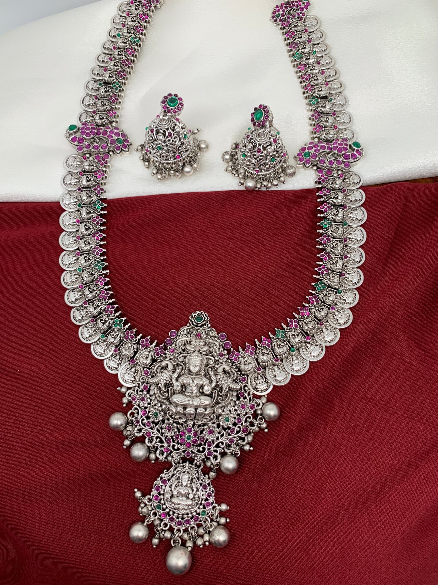 Goddess Lakshmi and Peacock German Silver 92.5 Silver Coated Long Necklace with Jhumka