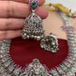 Goddess Lakshmi and Peacock German Silver 92.5 Silver Coated Long Necklace with Jhumka