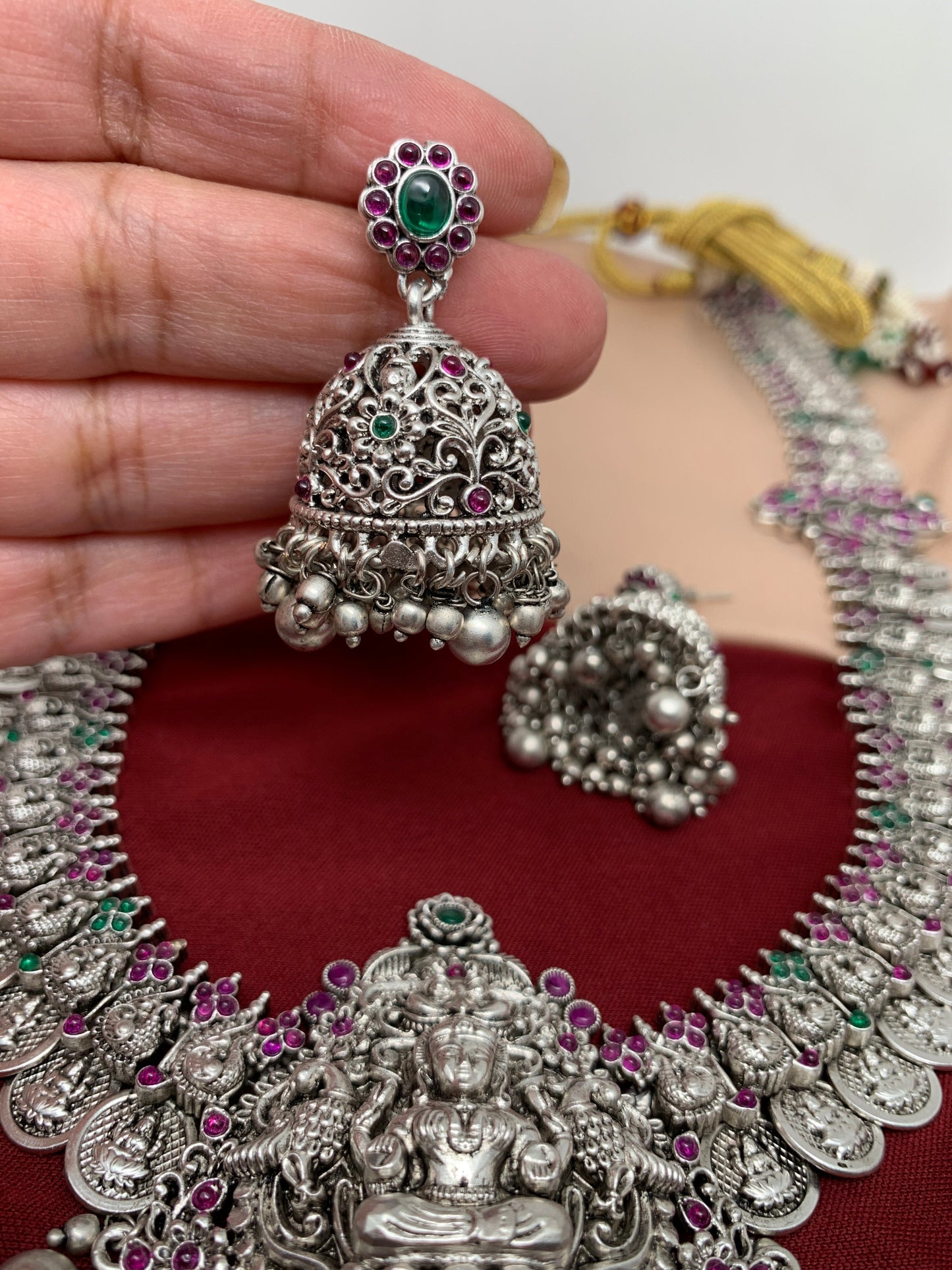 Goddess Lakshmi and Peacock German Silver 92.5 Silver Coated Long Necklace with Jhumka