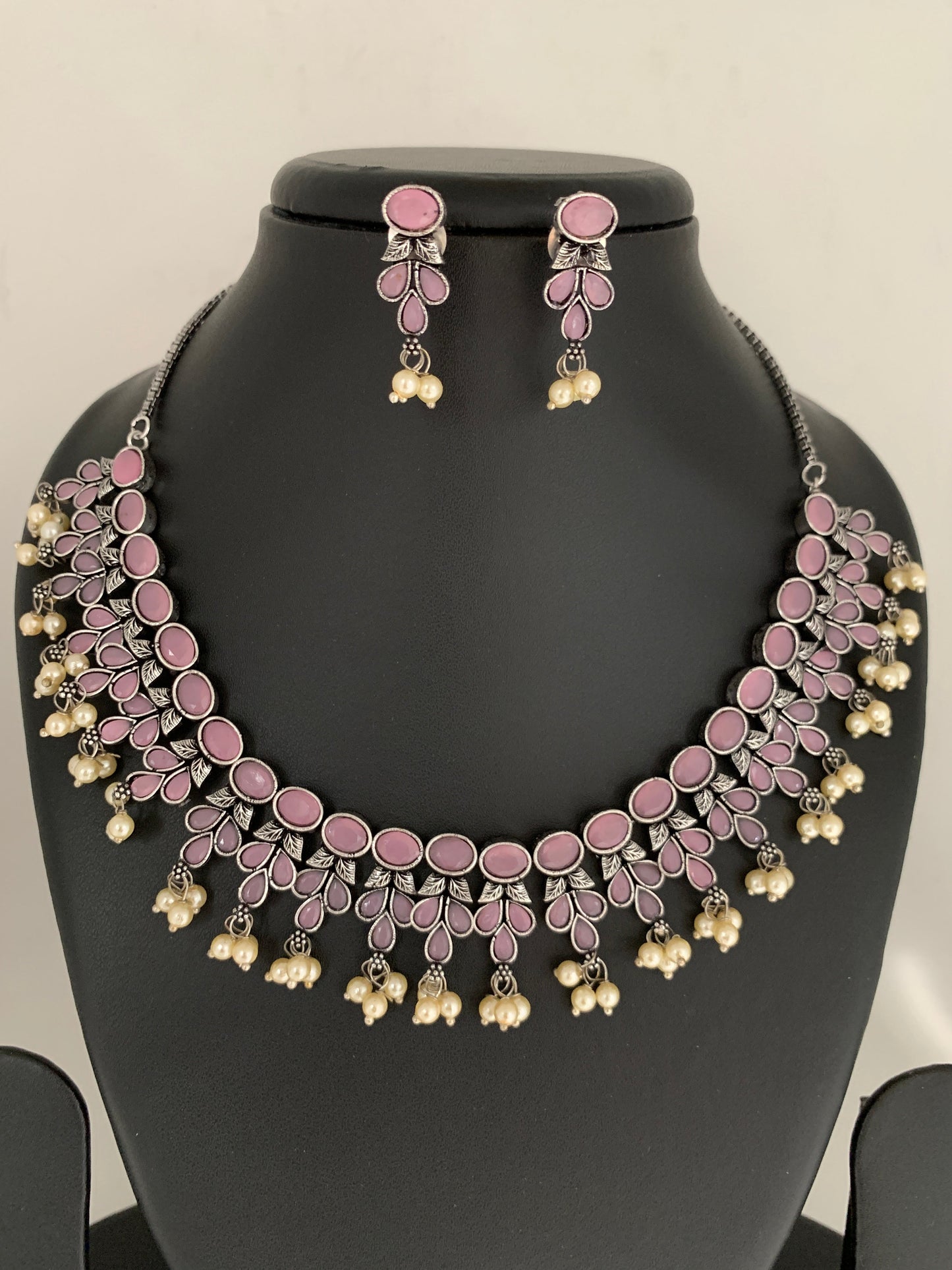 Pink Stone Oxidized German Silver Neckline Necklace