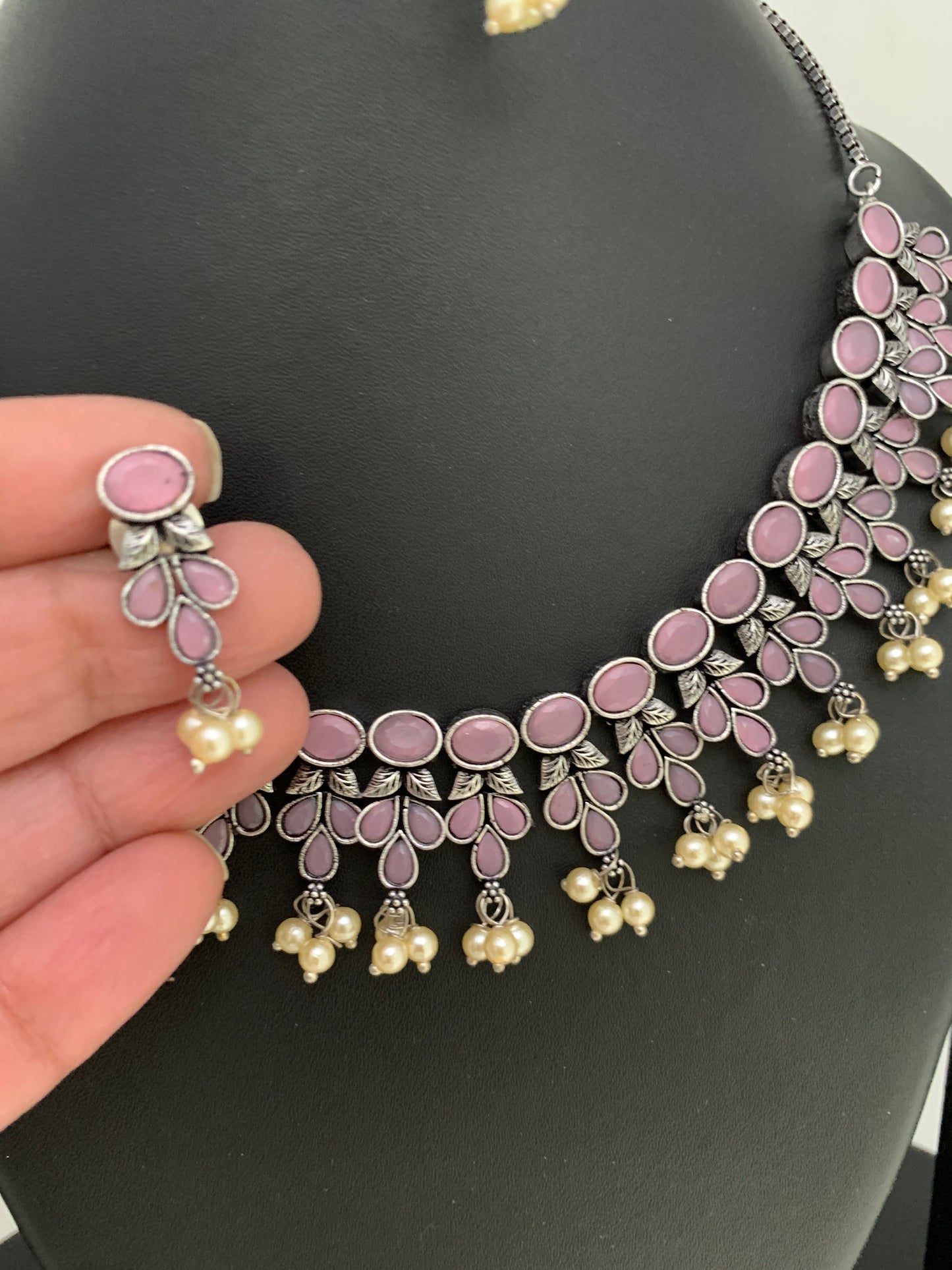 Pink Stone Oxidized German Silver Neckline Necklace