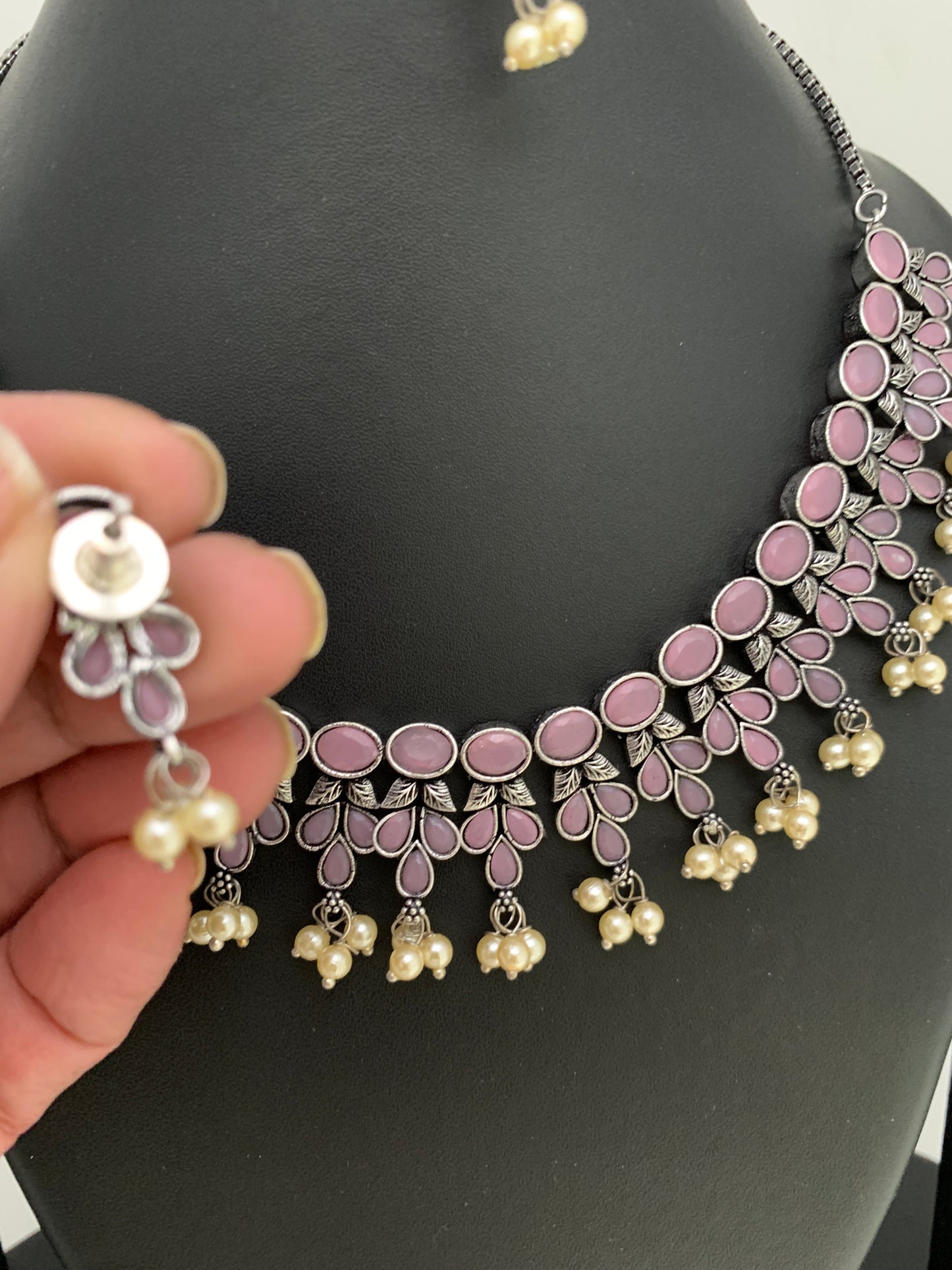 Pink Stone Oxidized German Silver Neckline Necklace