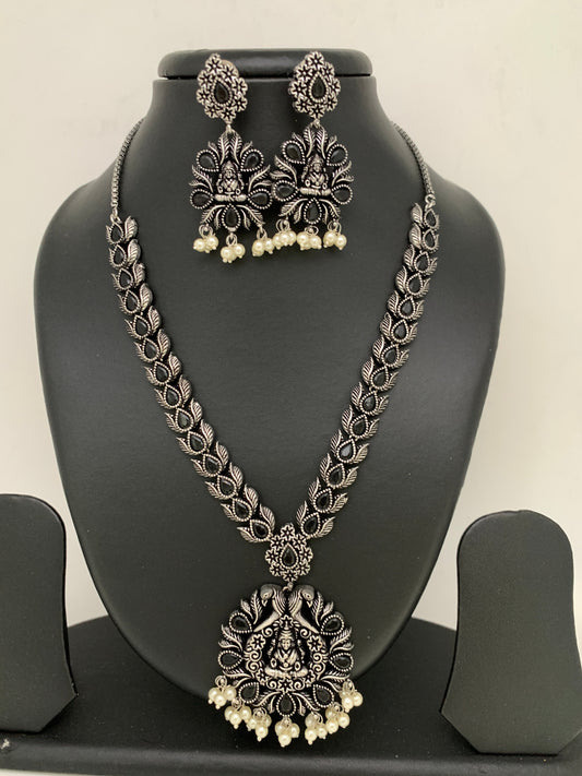 Goddess Lakshmi Black Stone Oxidized German Silver Necklace