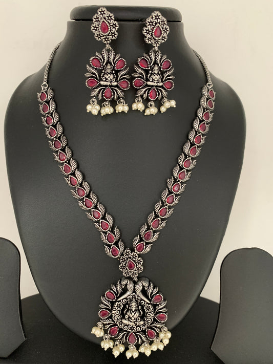 Goddess Lakshmi Red Stone Oxidized German Silver Necklace