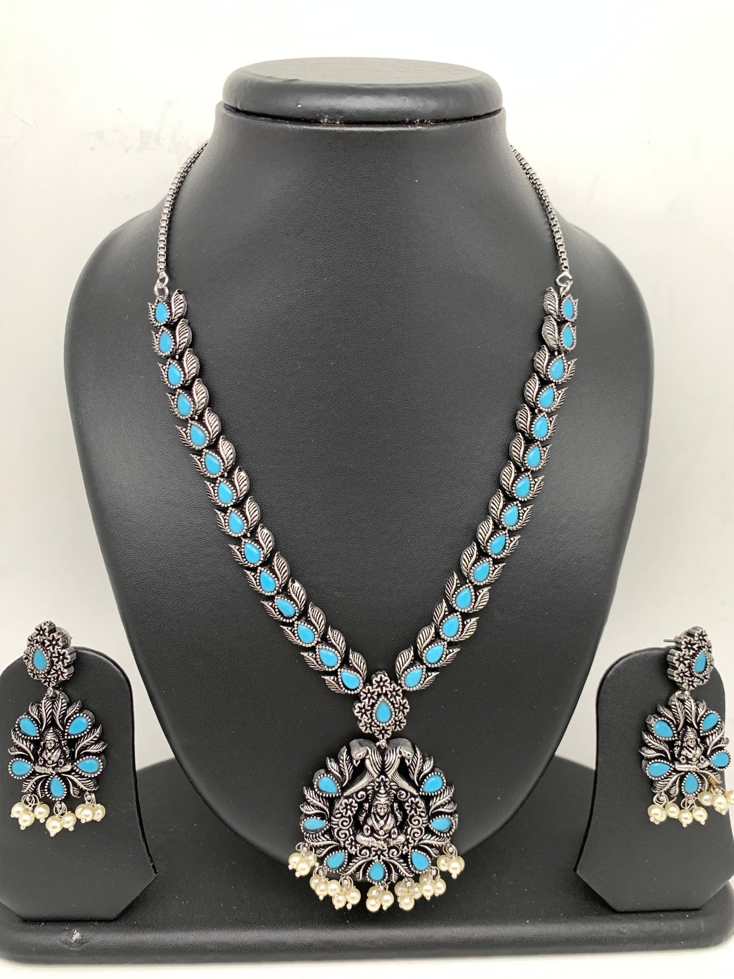 Goddess Lakshmi Teal Stone Oxidized German Silver Necklace
