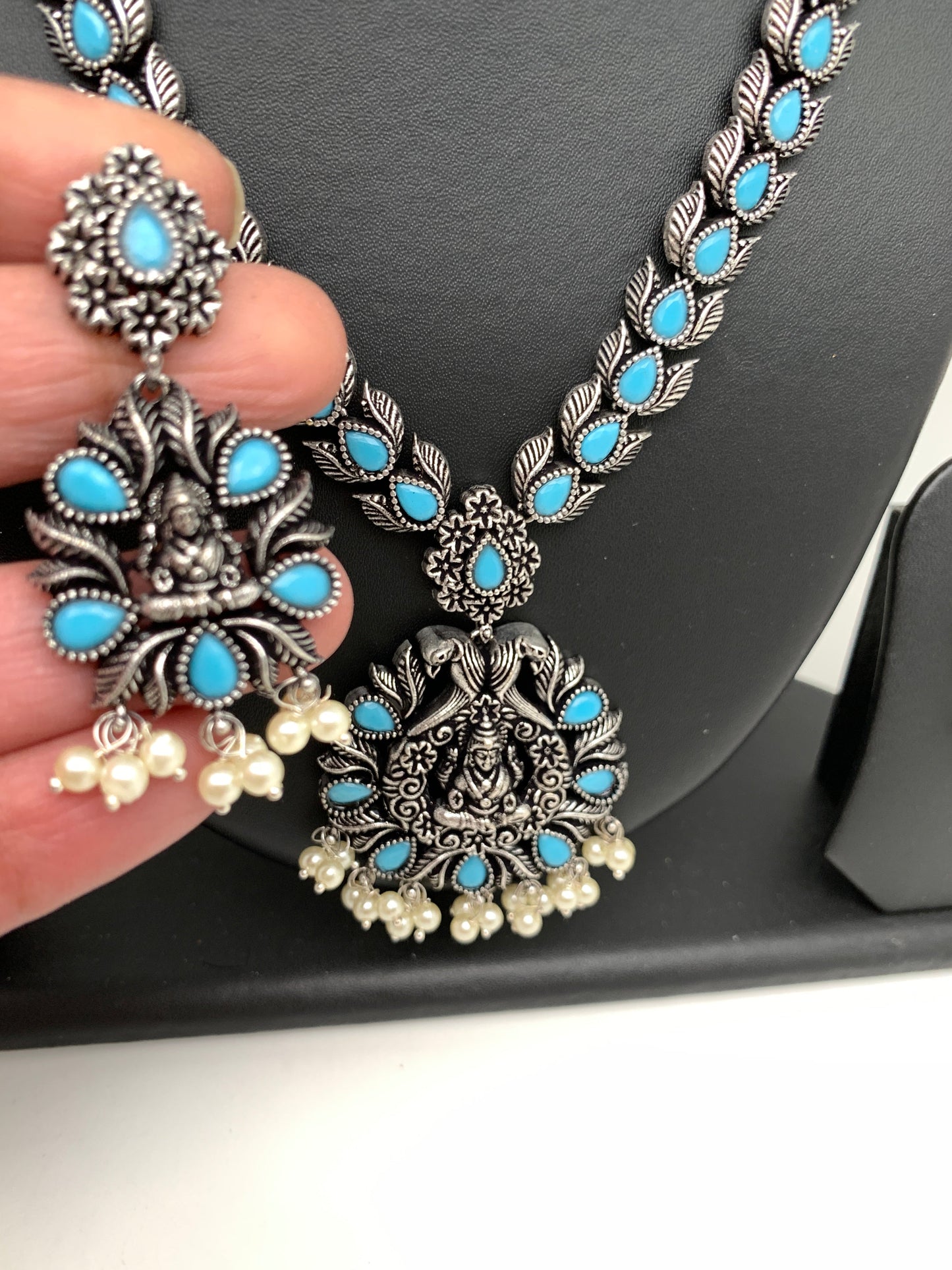 Goddess Lakshmi Teal Stone Oxidized German Silver Necklace