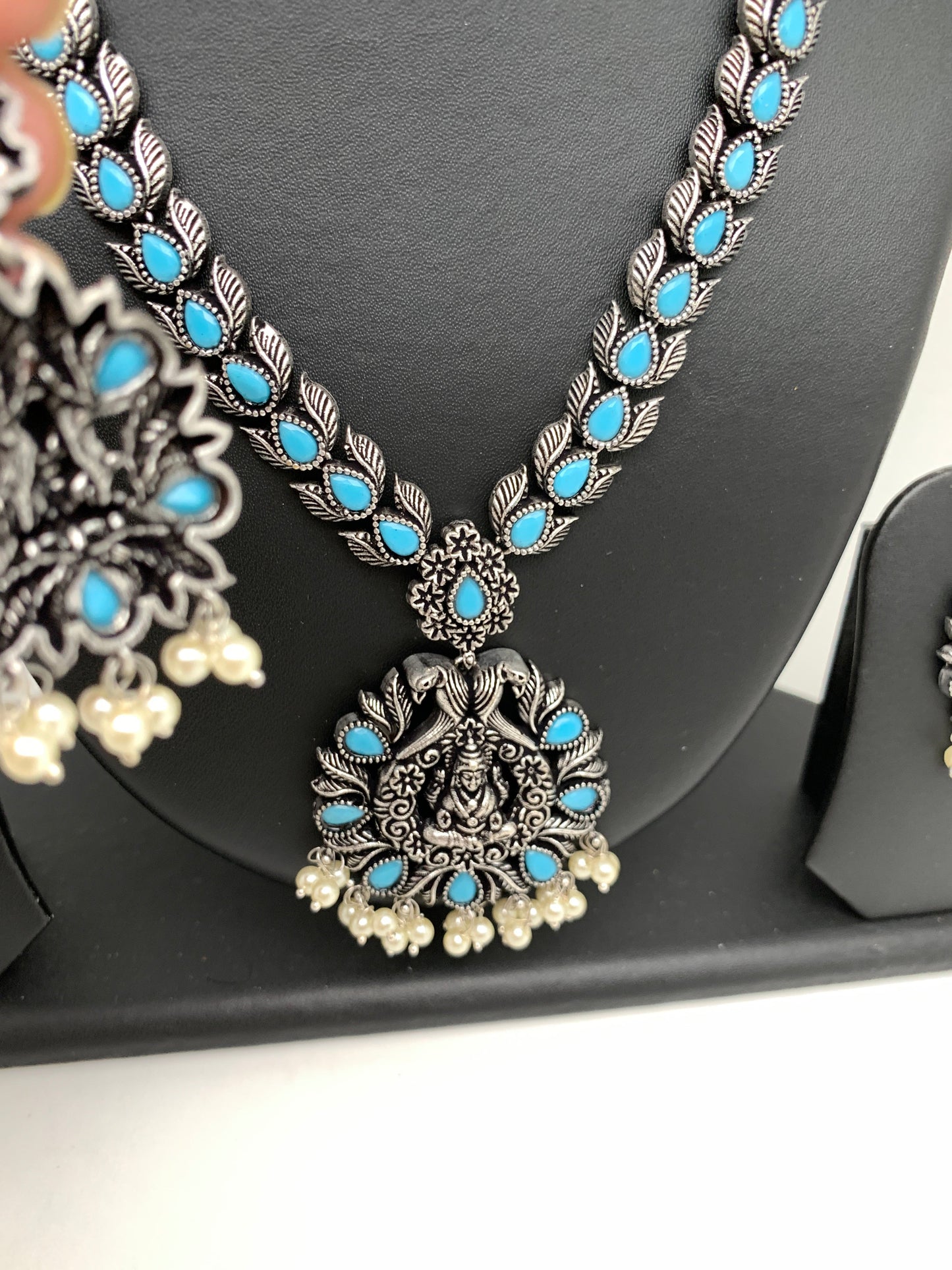 Goddess Lakshmi Teal Stone Oxidized German Silver Necklace