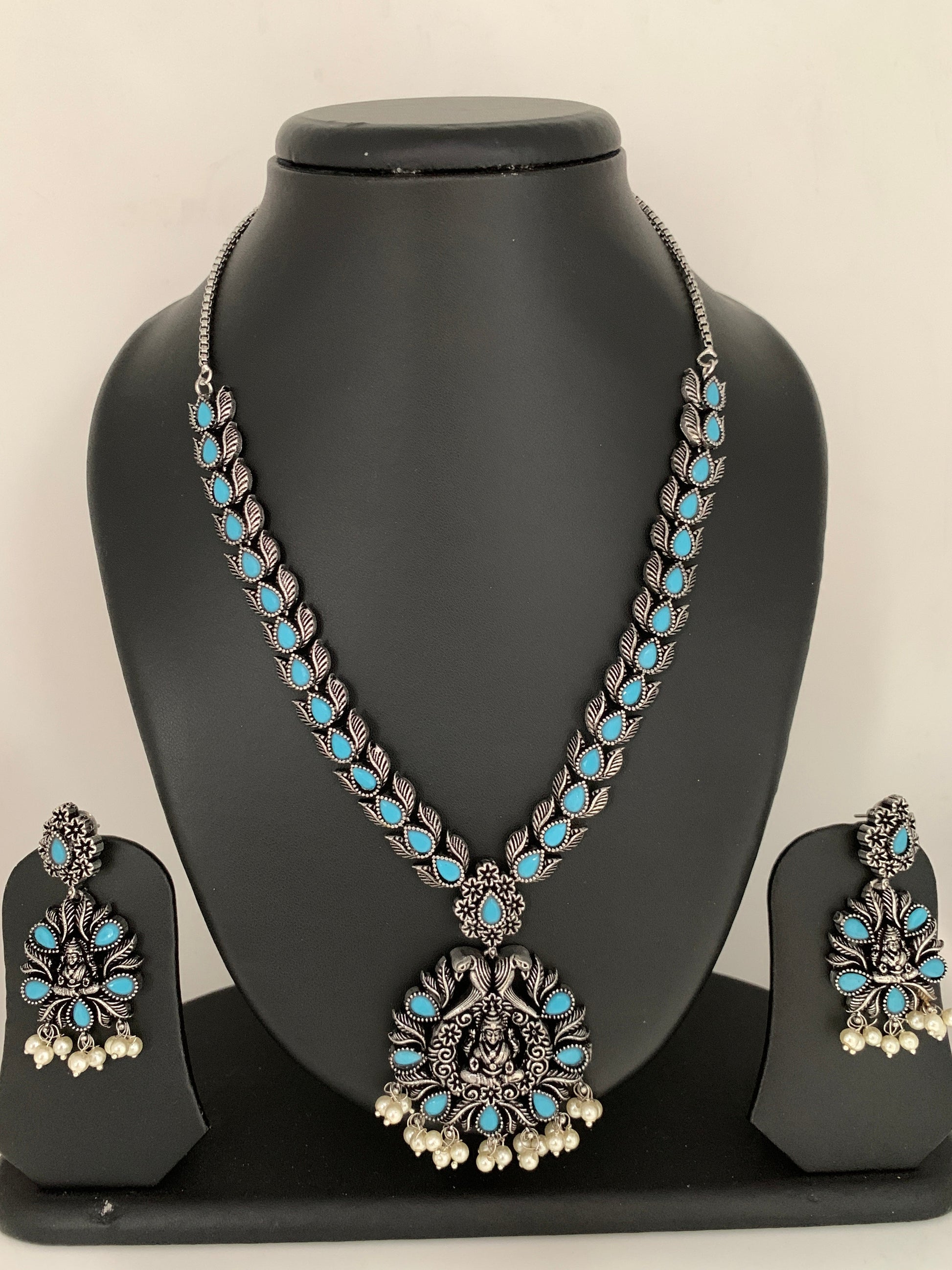 Goddess Lakshmi Teal Stone Oxidized German Silver Necklace