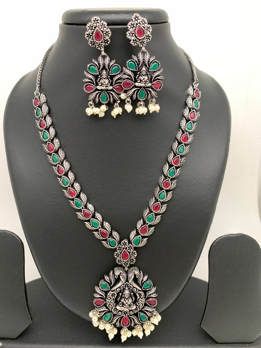 Goddess Lakshmi Red Green Stone Oxidized German Silver Necklace