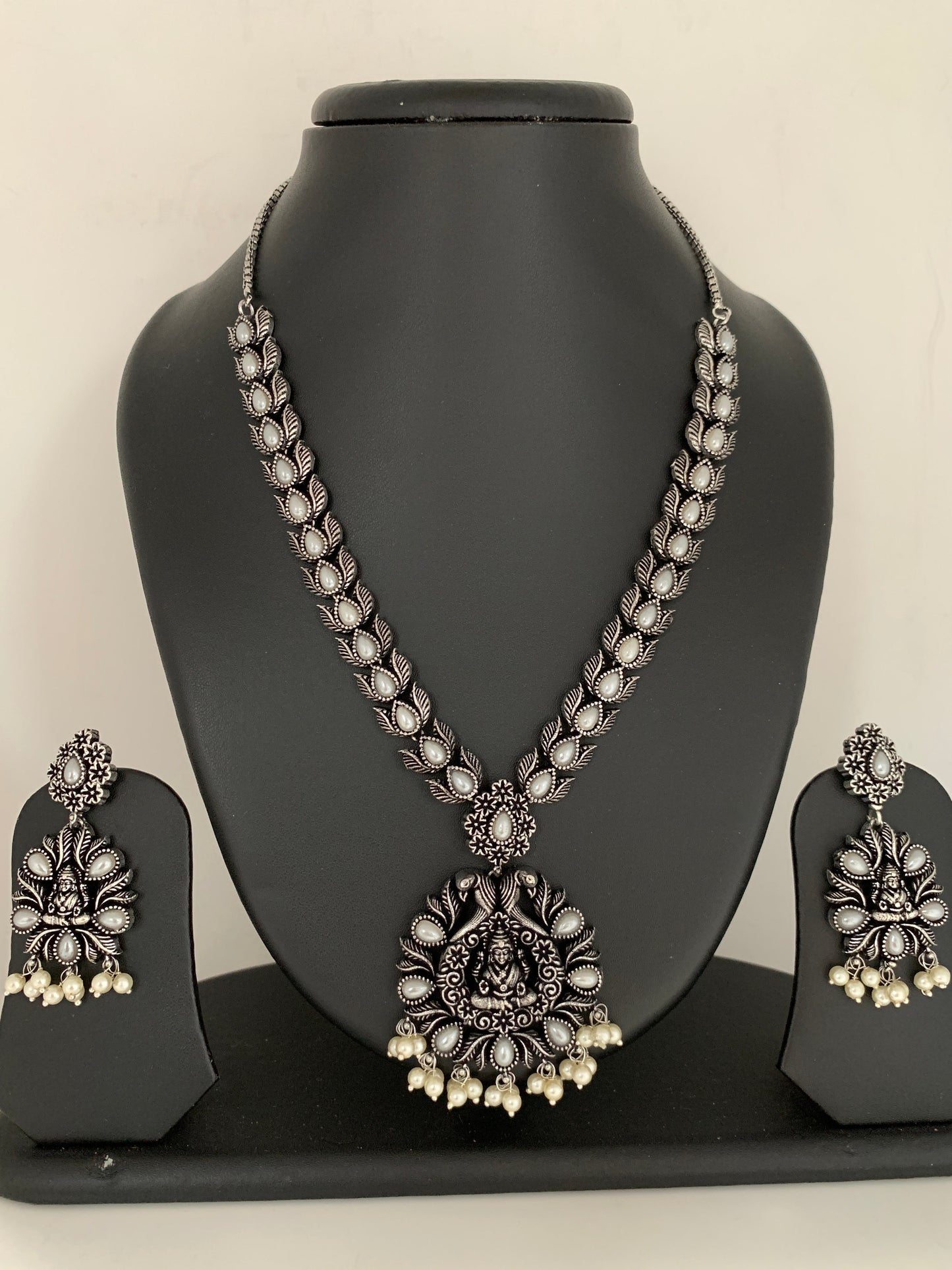 Goddess Lakshmi Pearls Oxidized German Silver Necklace