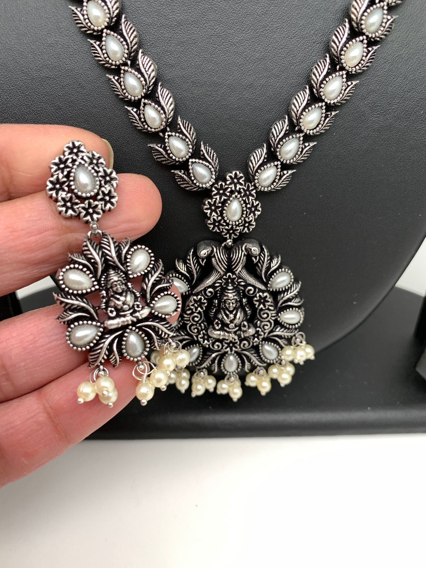 Goddess Lakshmi Pearls Oxidized German Silver Necklace