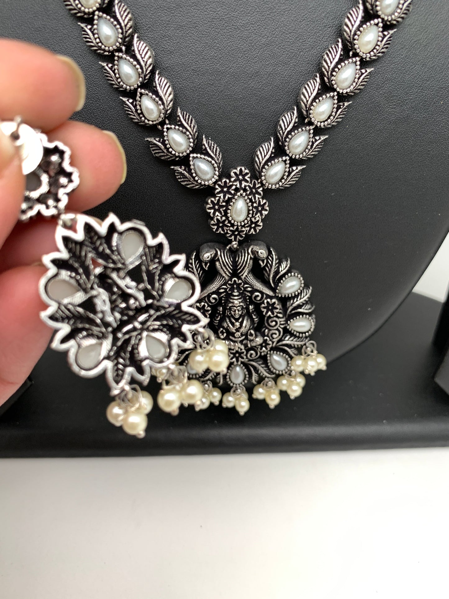 Goddess Lakshmi Pearls Oxidized German Silver Necklace
