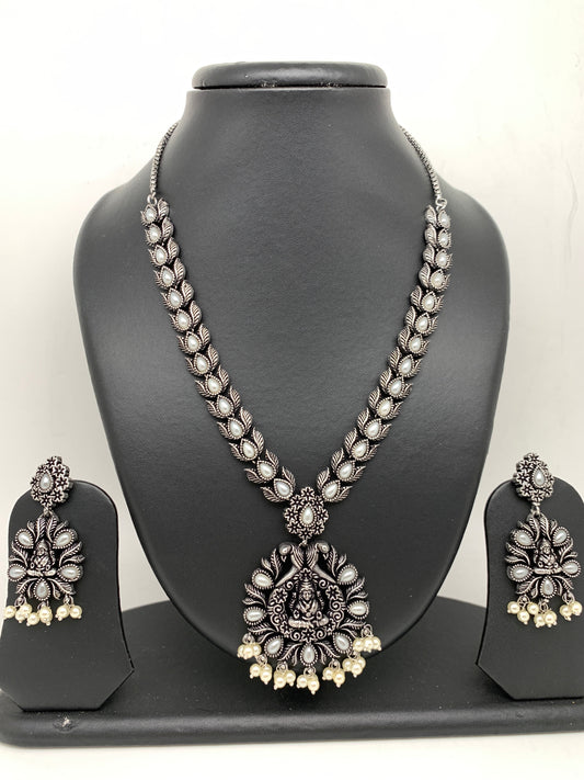 Goddess Lakshmi Pearls Oxidized German Silver Necklace