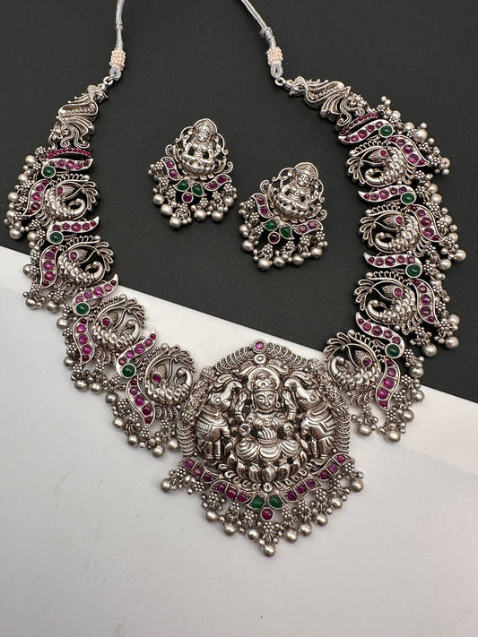Goddess Lakshmi Peacock Pattern Silver Replica Short Necklace