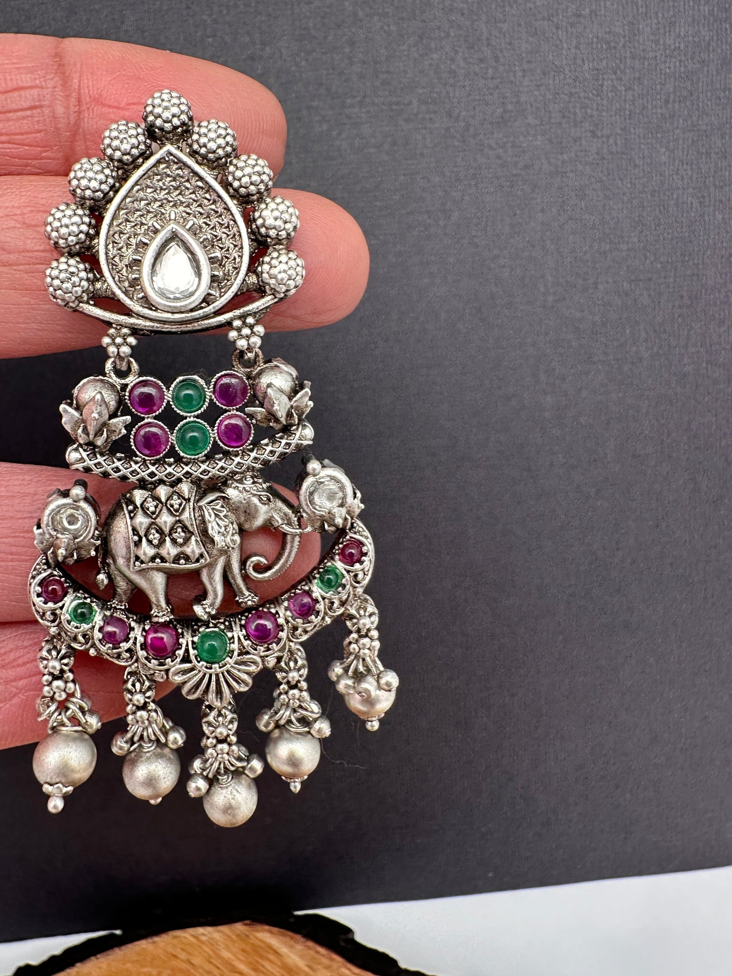 Elephant Red Green Stone Oxidized German Silver Earrings