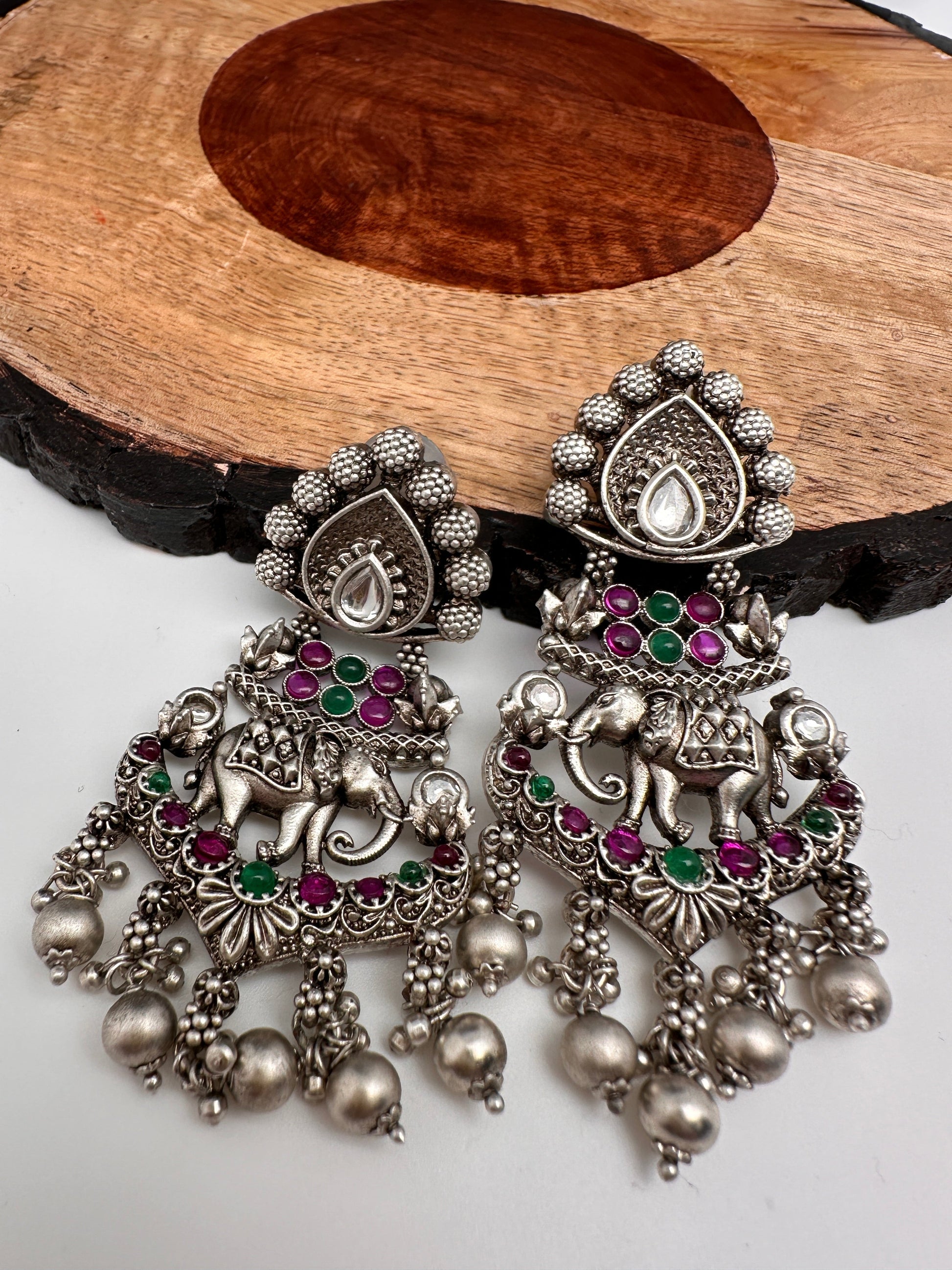 Jhumka Earrings Earrings For Grey Dress Elephant Red Green Stone Oxidized German Silver Earrings Sheetal's FabFashion Jhumka Earrings Earrings For Grey Dress Elephant Red Green Stone Oxidized German Silver Earrings Sheetal's FabFashion