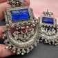 Chandbali AD Color Carved Stone Oxidized German Silver Earrings - Blue